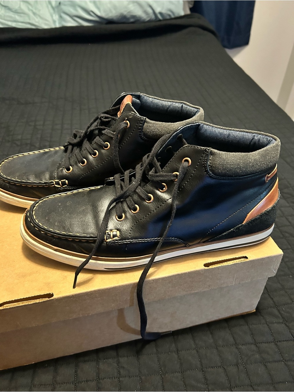 Aldo Black Leather Chukka Boots with Brown Heel Accent